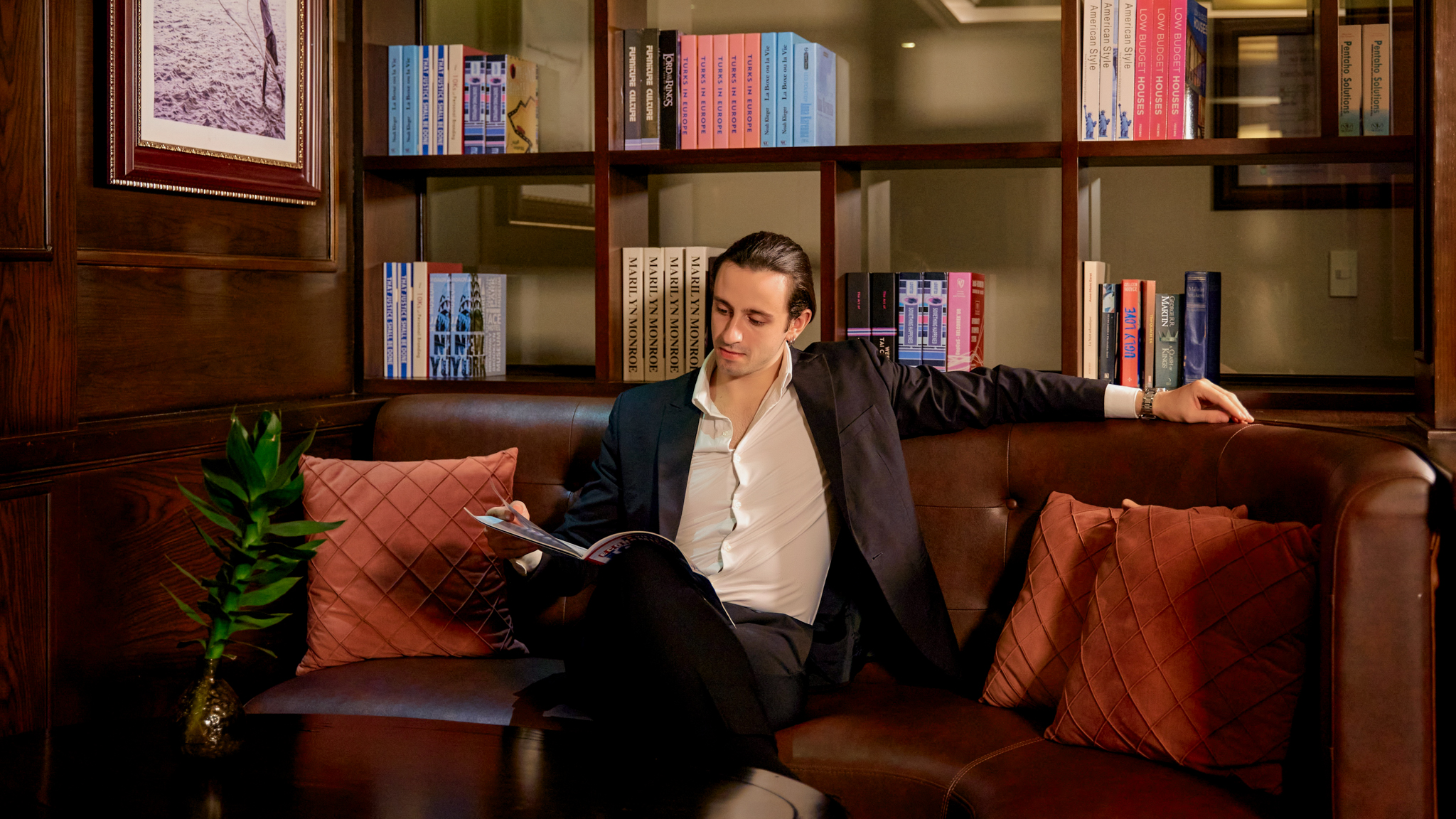 A cozy library corner where you can embrace a peaceful moment