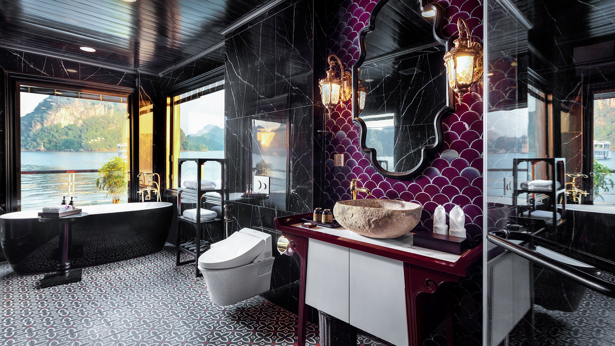 Dreamy bathroom corner overlooking Lan Ha Bay