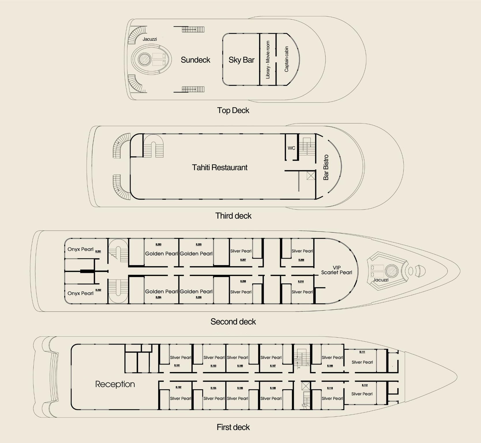 Scarlet Pearl Cruise features a sleek, four-deck design that narrows from the main deck to the top