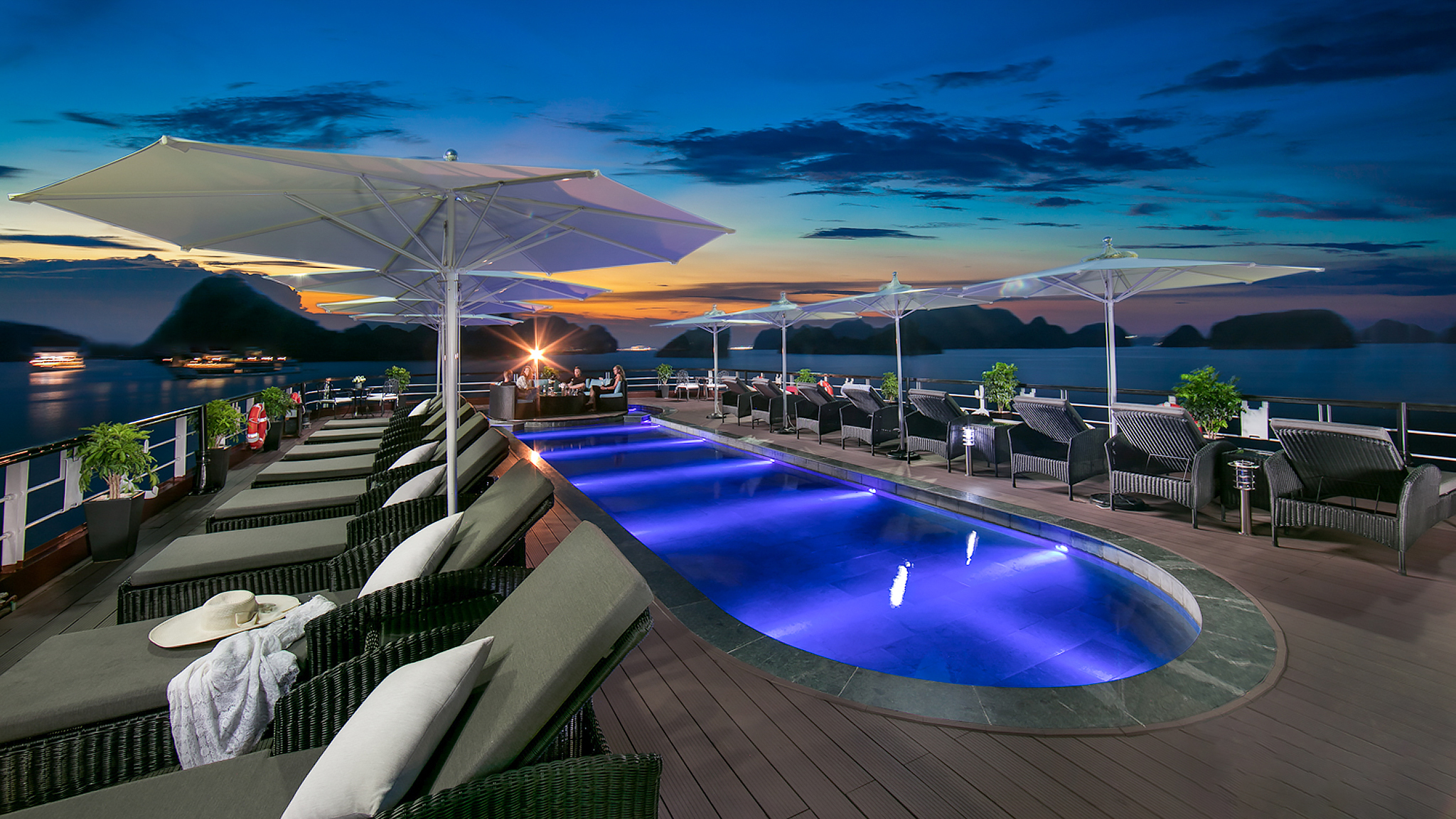 Le Theatre features a spacious swimming pool with panoramic views.