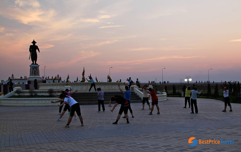 Fitness class of aerobics in Mekong Riverside Park