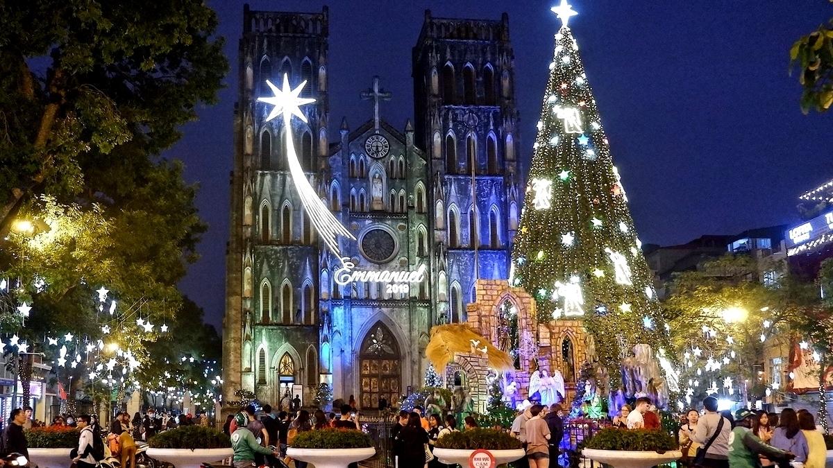 Saint Joseph Cathedral with colorful decorations on Christmas day