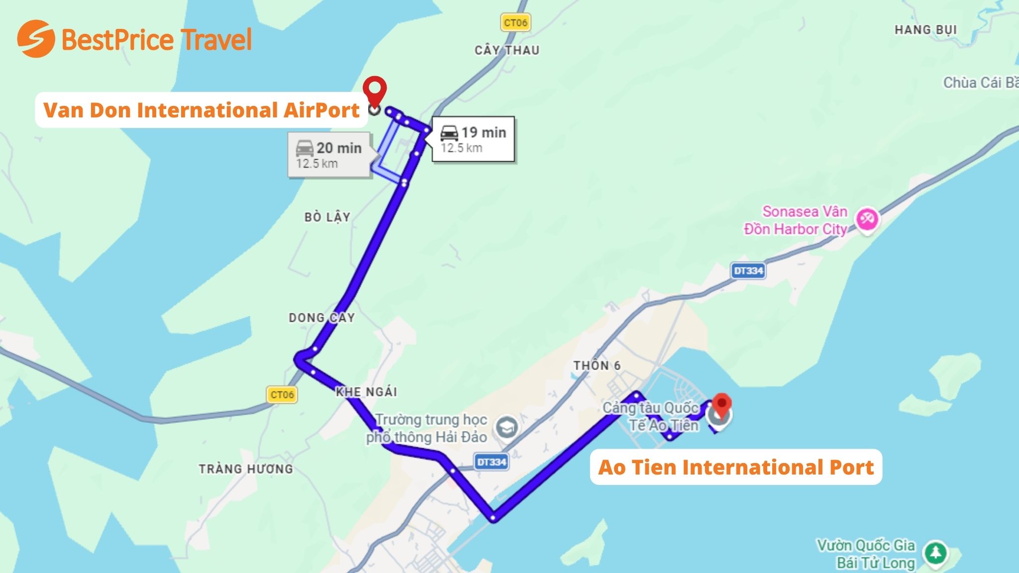 Distance from Van Don International Airport to Ao Tien Port