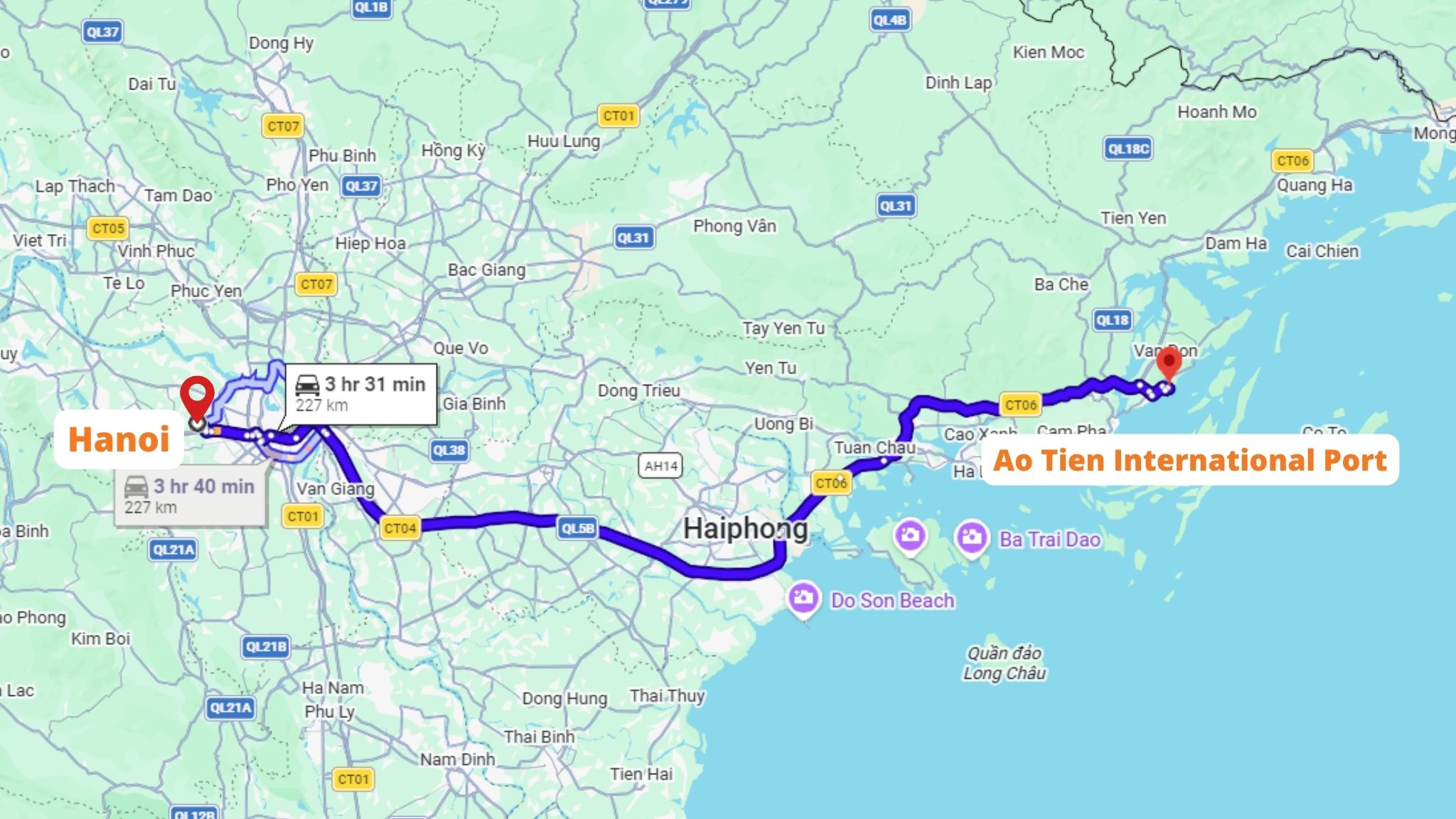 The distance from Hanoi to Ao Tien International Port is over 200 km.