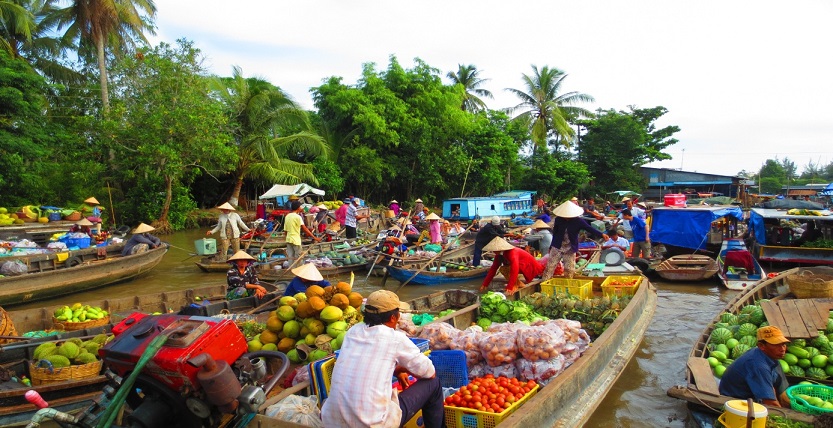 Crowded Cai Be floating market in the morning