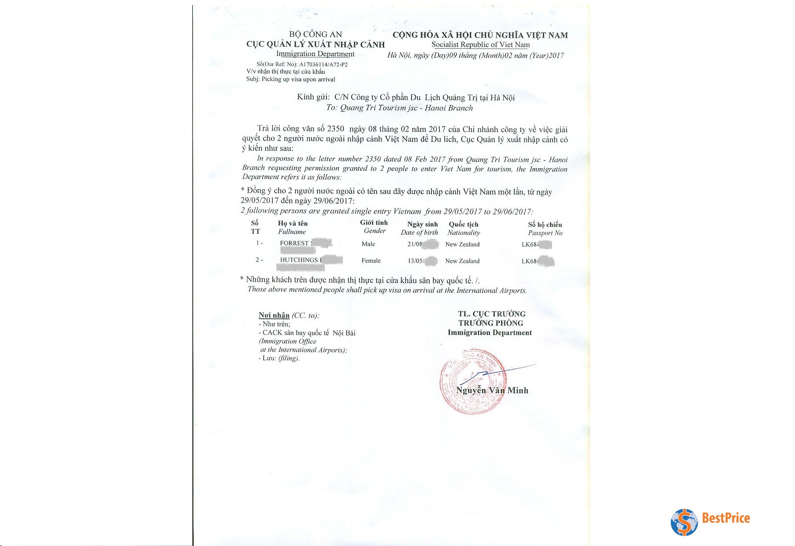 Example of a Vietnamese Visa approval letter