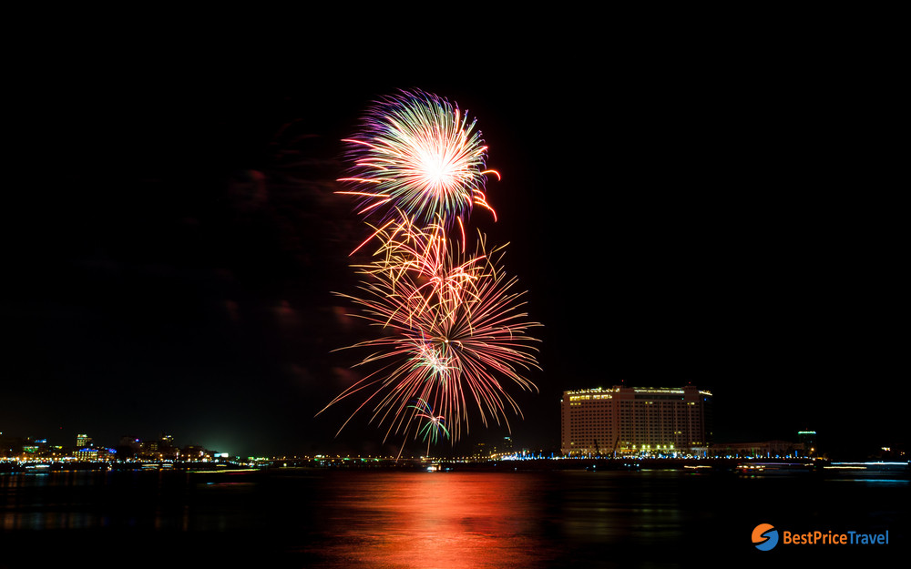 fireworks after Cambodian rowing festival