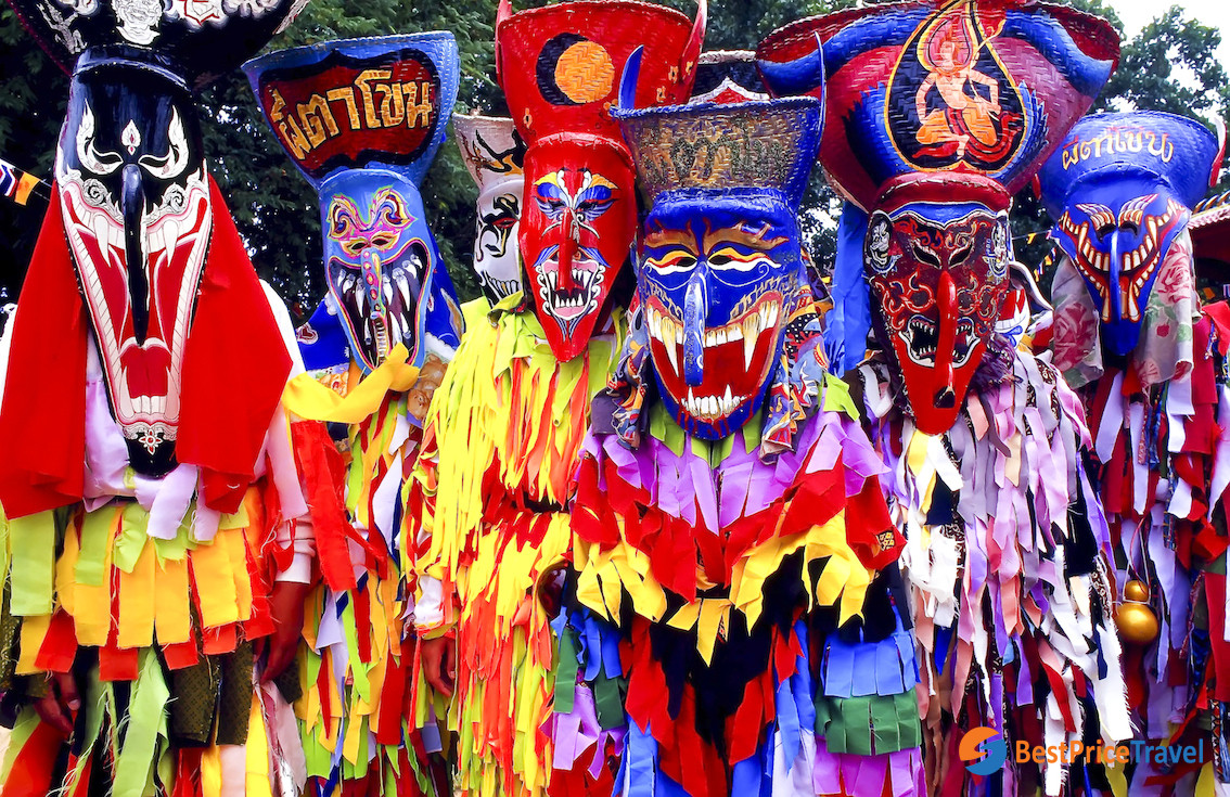 Devil Marks With Colorful Costume in Thailand Phi Ta Khon festival