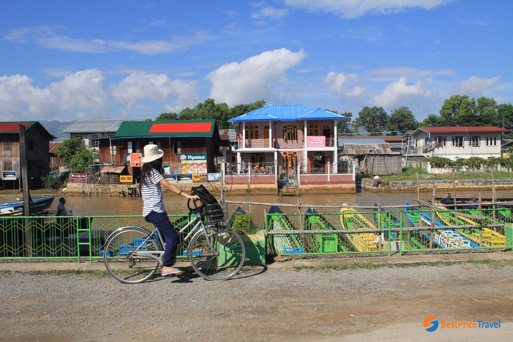Tourist with a rental bicycle in Nyaung Shwe Town