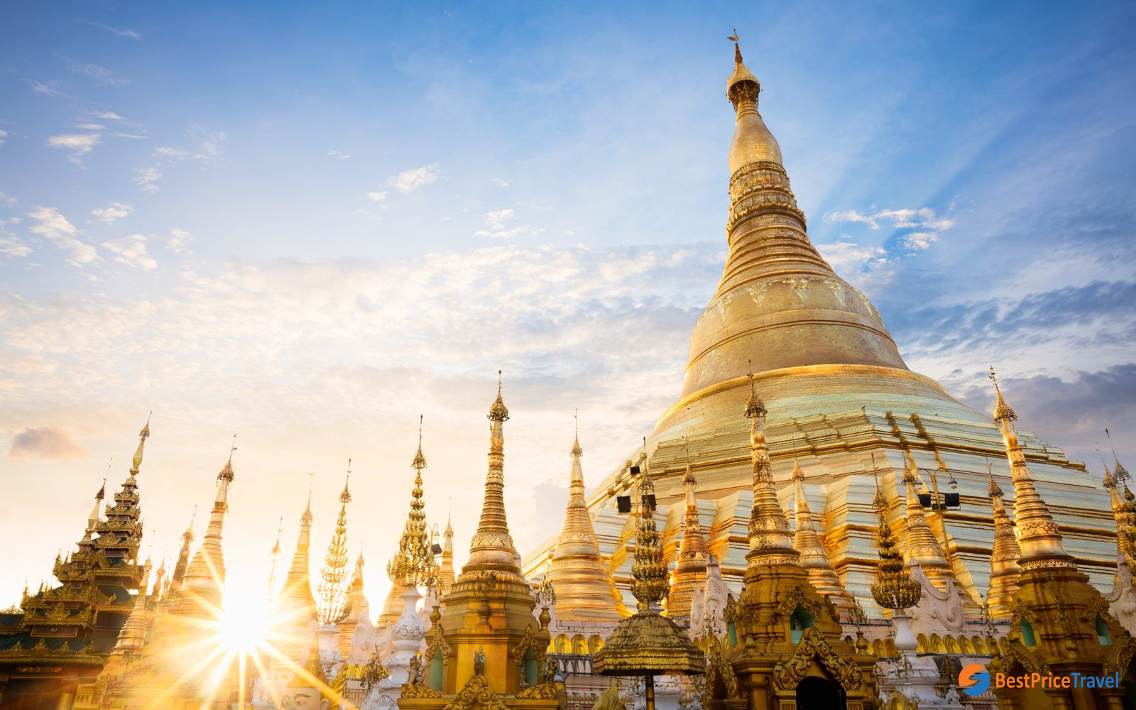 Sweet sunset with floating clouds over dreamy Shwedagon Pagoda