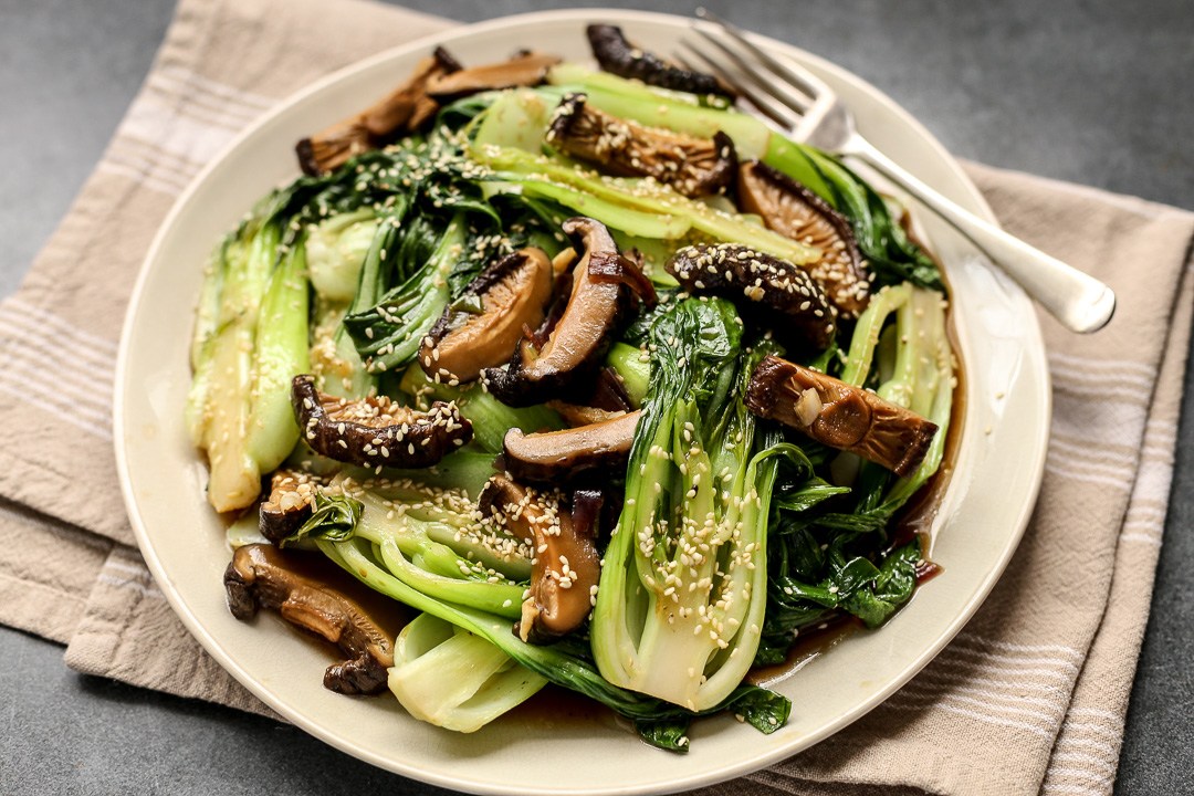 Fried Bok Choy with Shitake Mushrooms (Cai Xao Nam) -Vegetarian Vietnamese food - A must-try for vegan tourist