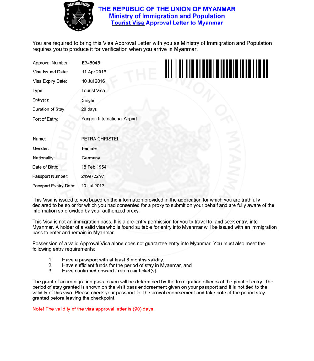 Approval letter for Myanmar e-Visa