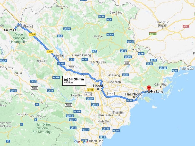 Route map from Sapa to Halong Bay bus