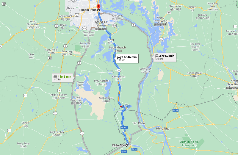 Chau Doc to Phnom Penh road map 