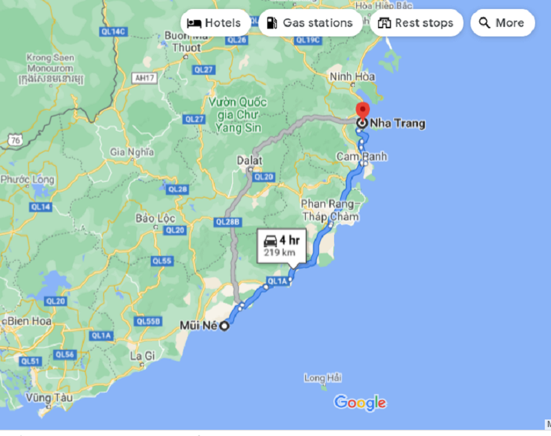 Mui Ne to Nha Trang travel map
