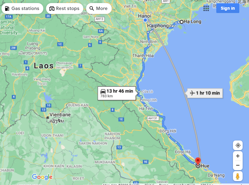 Halong Bay to Hue travel map
