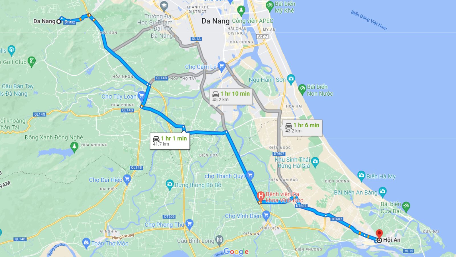Da Nang to Hoi An Map