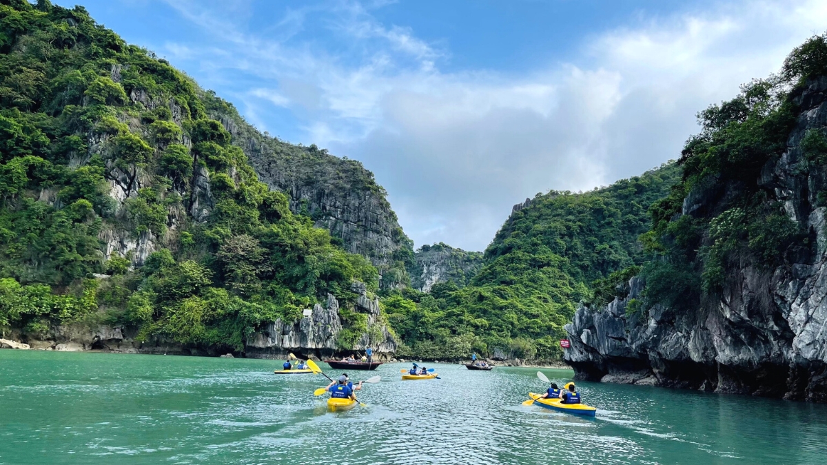 Kayaking in cool weather and nice blue sky