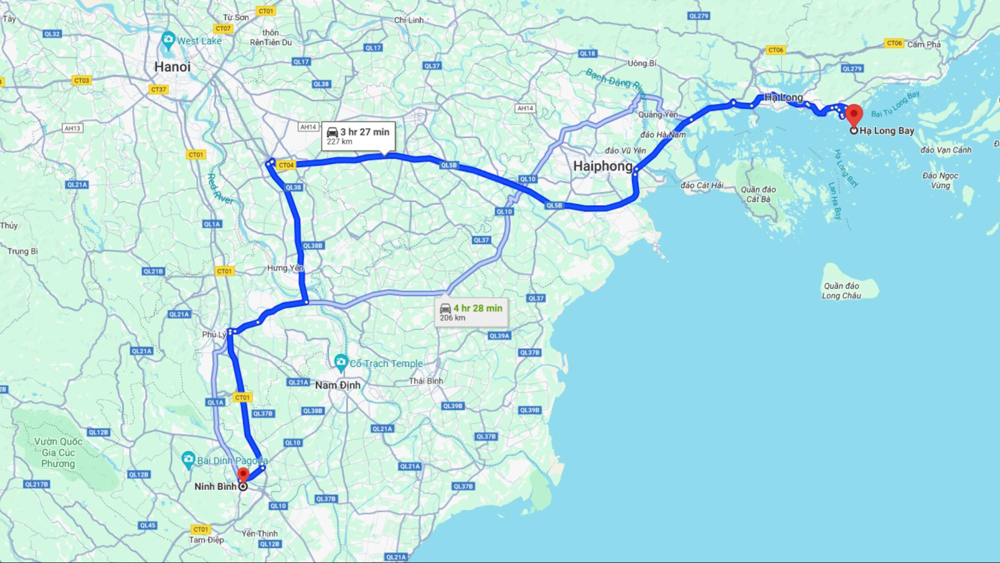 The transfer route from Halong Bay to Ninh Binh