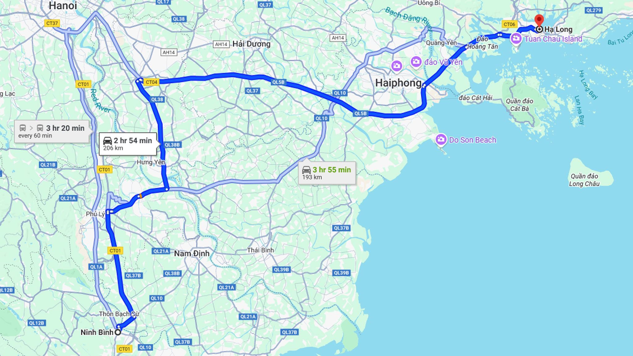 The second route is a more popular option for traveling from Ninh Binh to Halong Bay