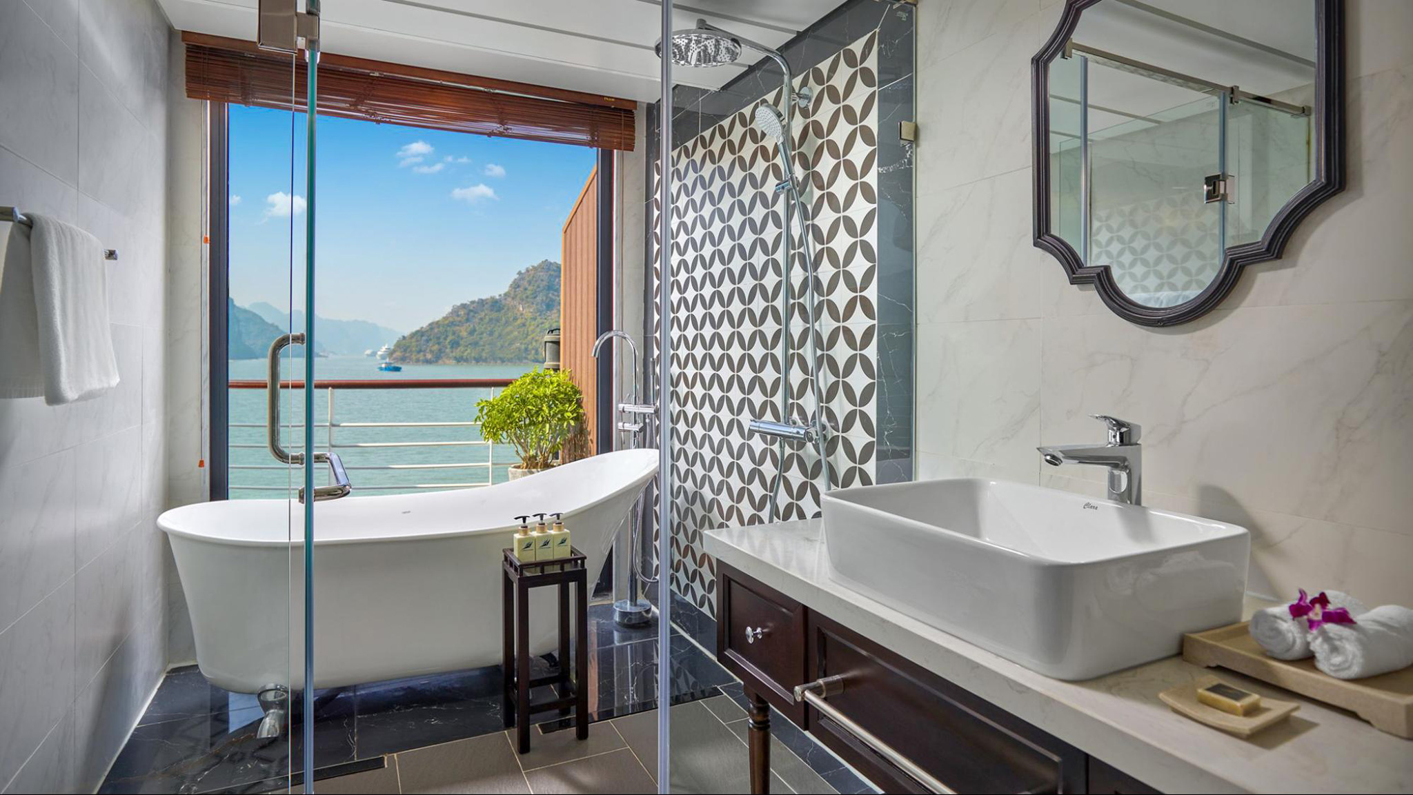 The Capella Cruise provides reusable bottles in the bathroom