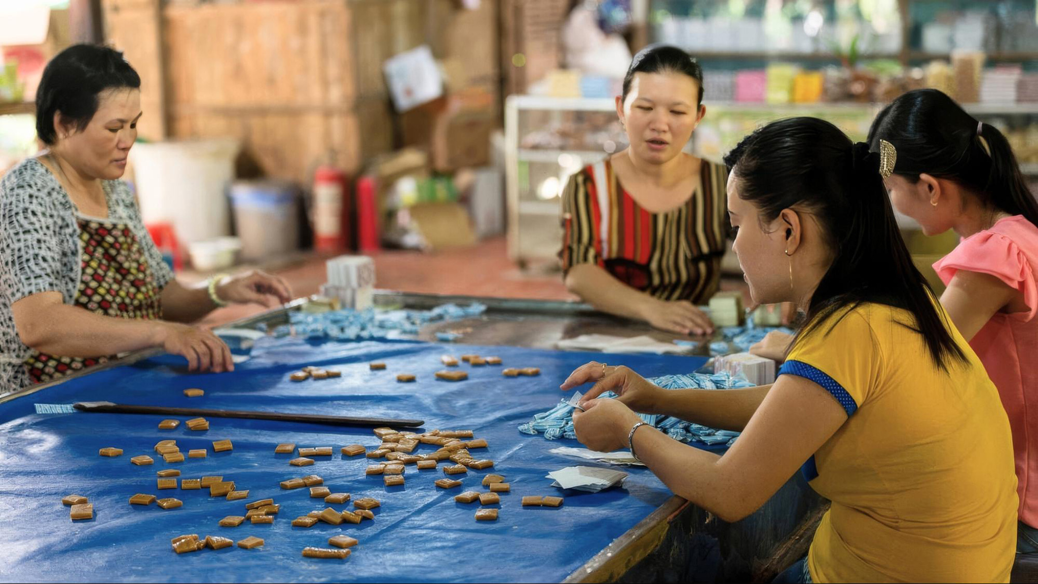 the trip progresses to the local workshops, renowned most for coconut candy and rice paper production.