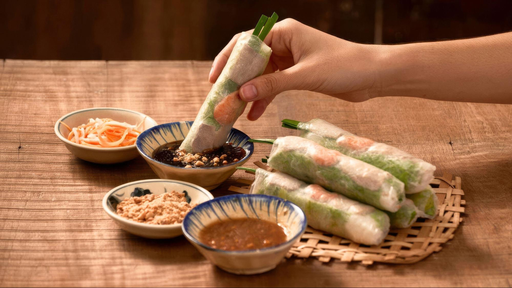 Goi Cuon is light and refreshing, filled with shrimp, pork, and fresh veggies