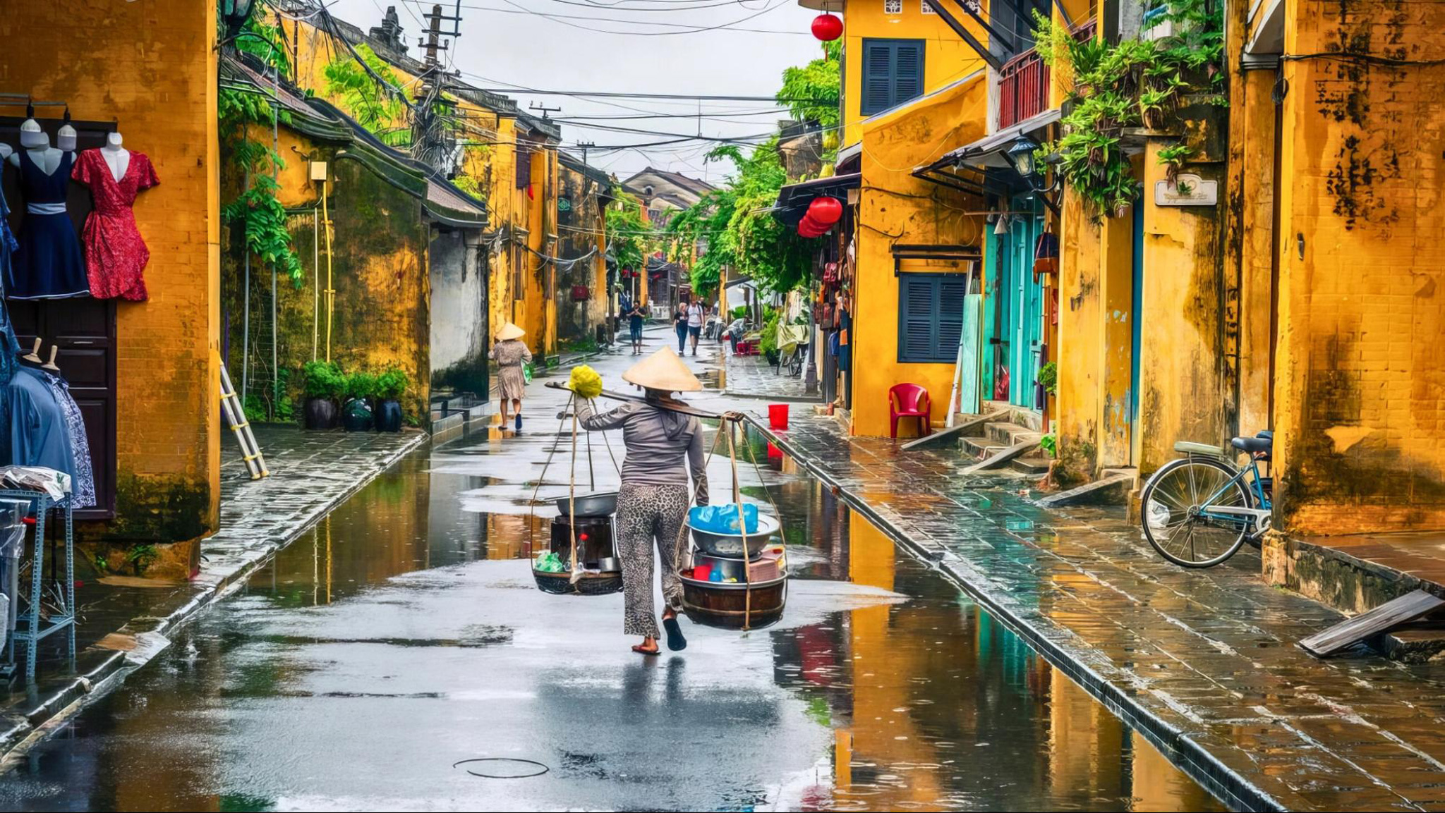 The street scene of Hoi An on a rainy day