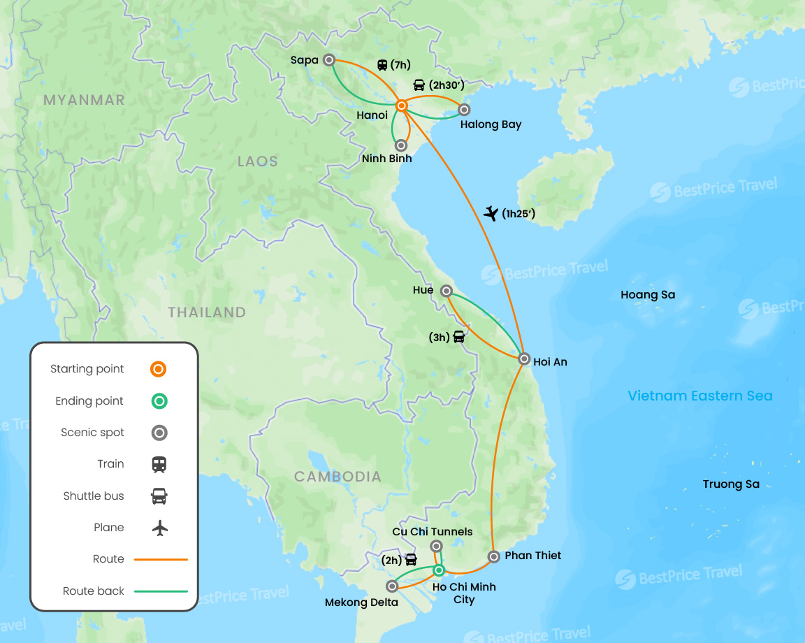 Vietnam Itinerary 3 Weeks North to South map
