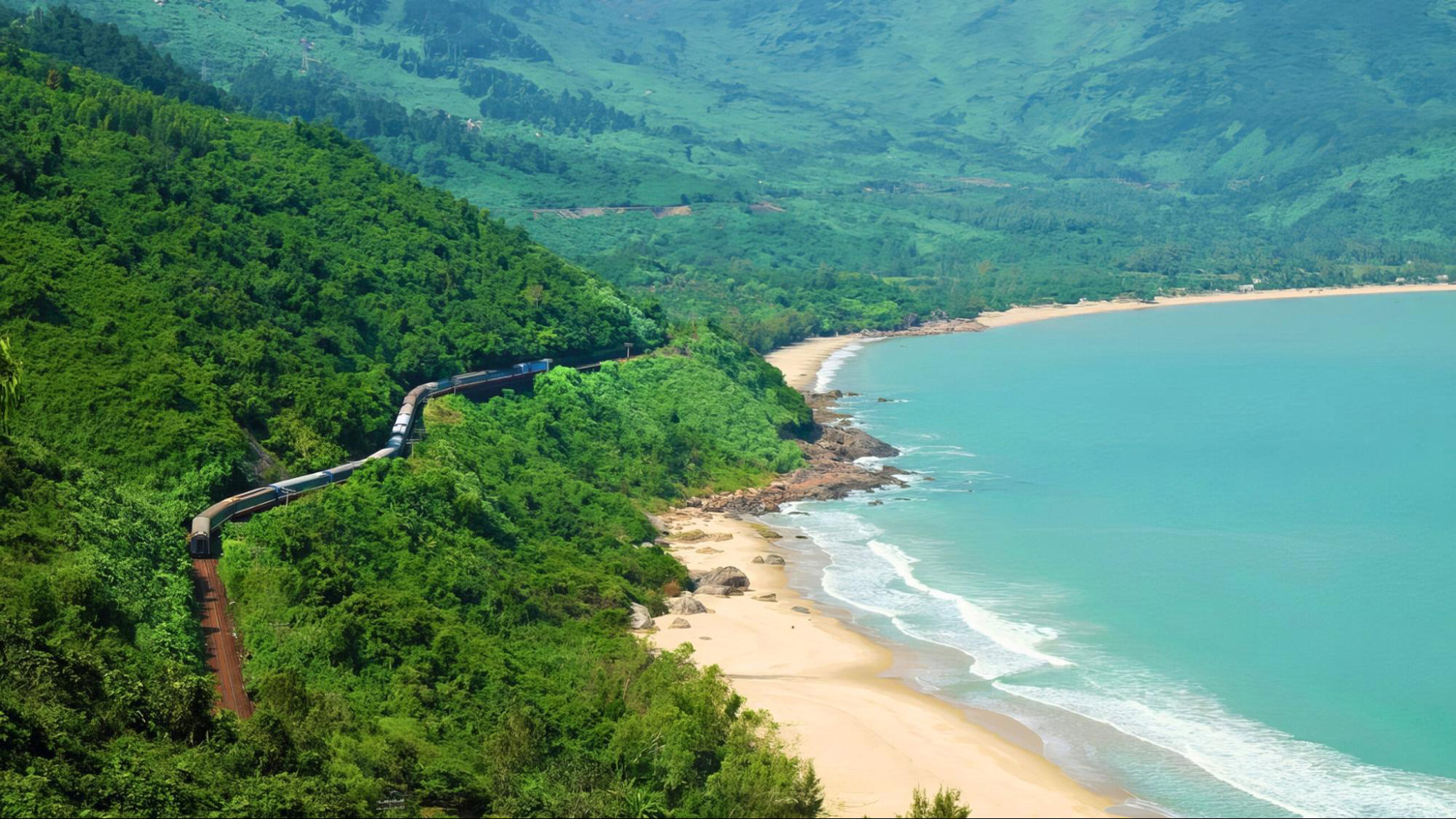 Lang Co Beach, seen from Hai Van Pass, unfolds in turquoise waters and white sands