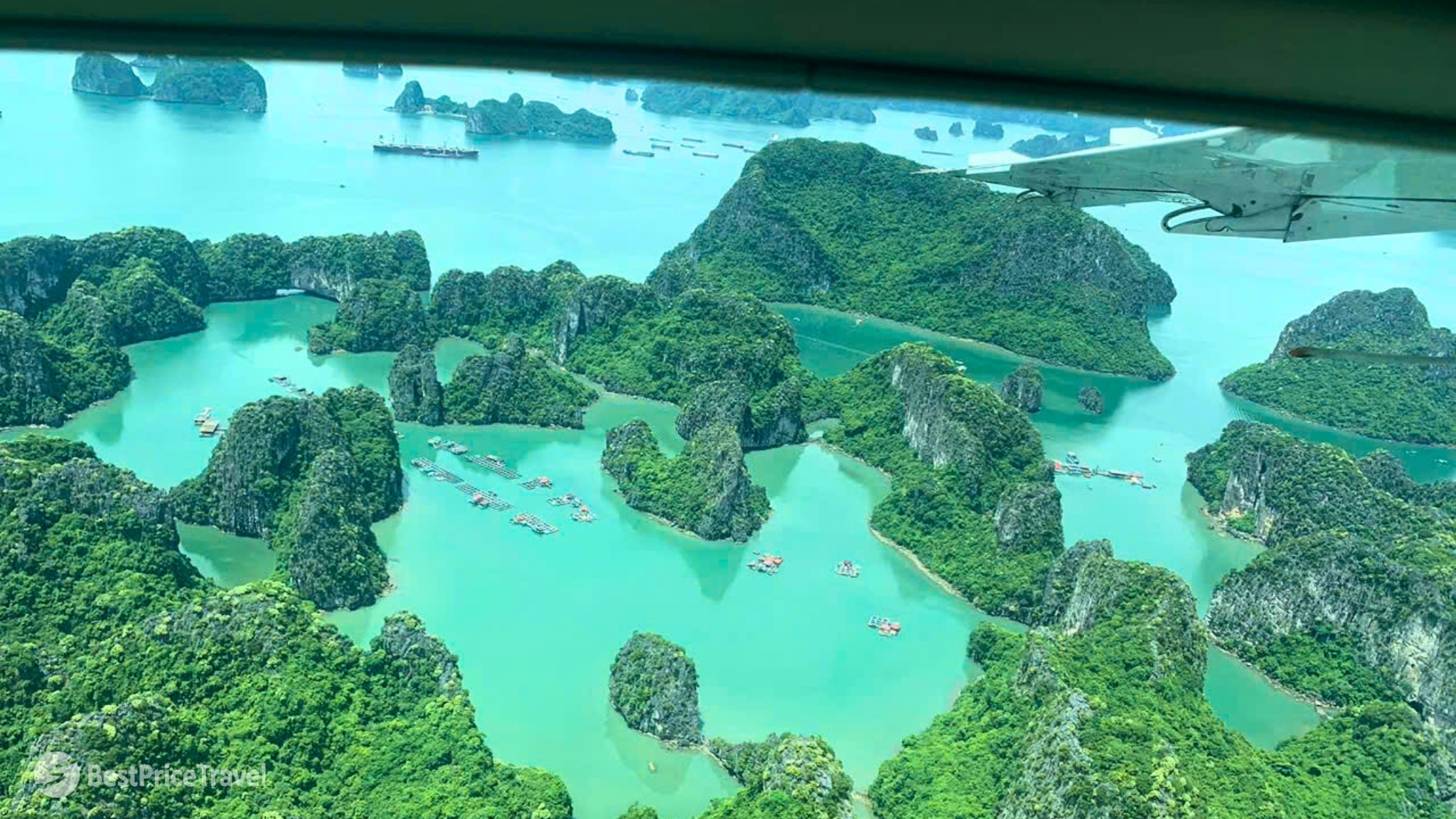 A seaplane offers a stunning bird’s-eye view of Halong Bay
