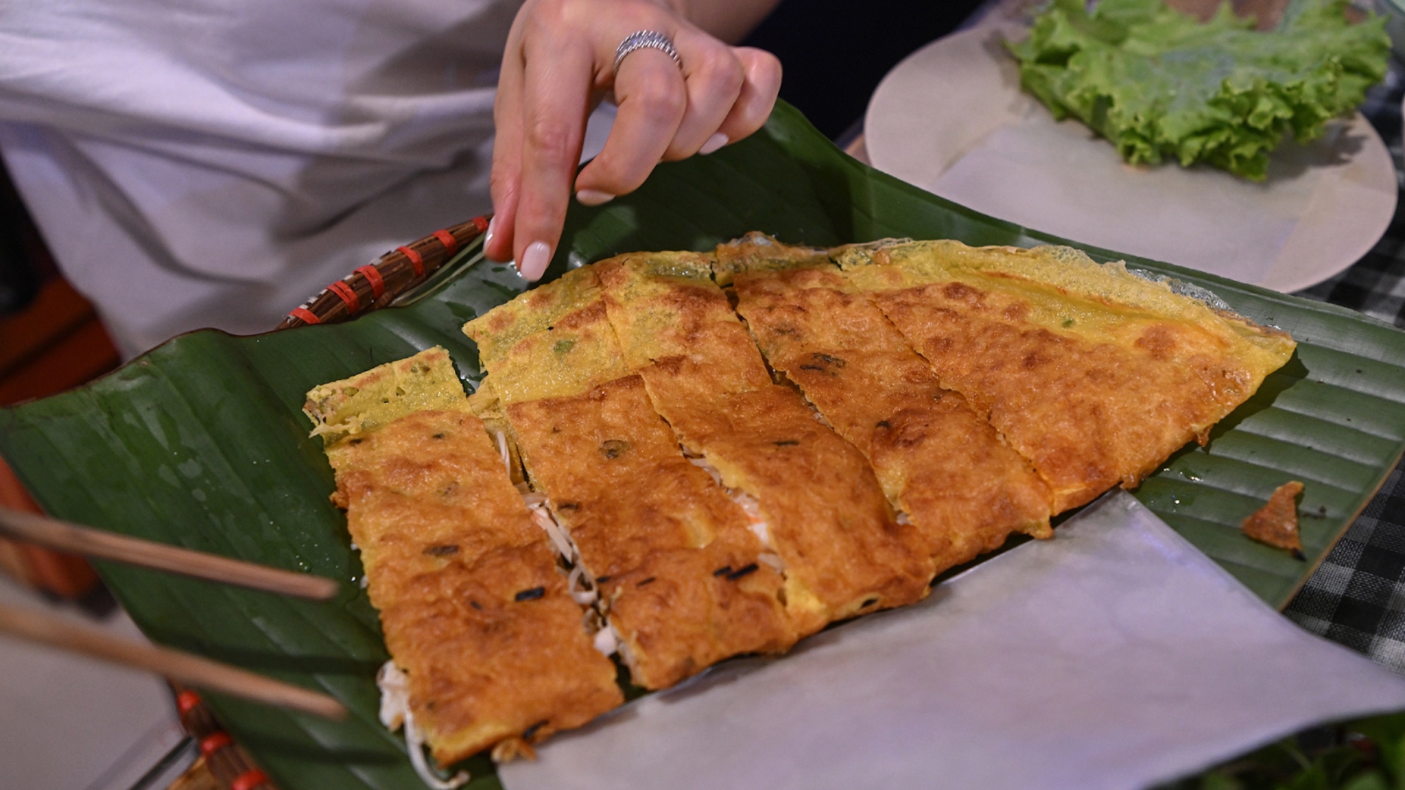 Crispy Vietnamese Pancake Filled With Shrimp, Pork, And Bean Sprouts
