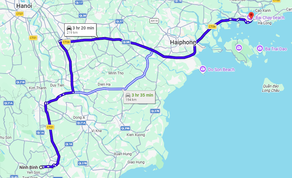 The first route is the fastest one for traveling from Ninh Binh to Halong Bay
