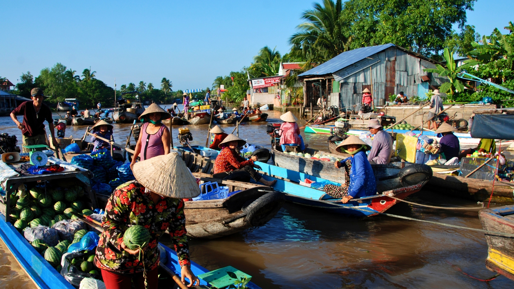 Boats Packed With Fruits And Local Goods In Cai Rang Floating Market