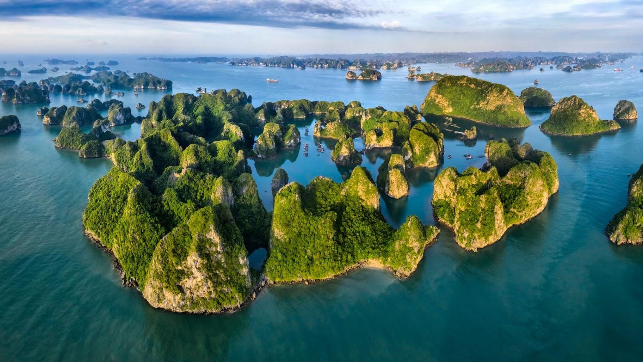 Aerial view of Van Don Island and Bai Tu Long Bay in Quang Ninh, Vietnam