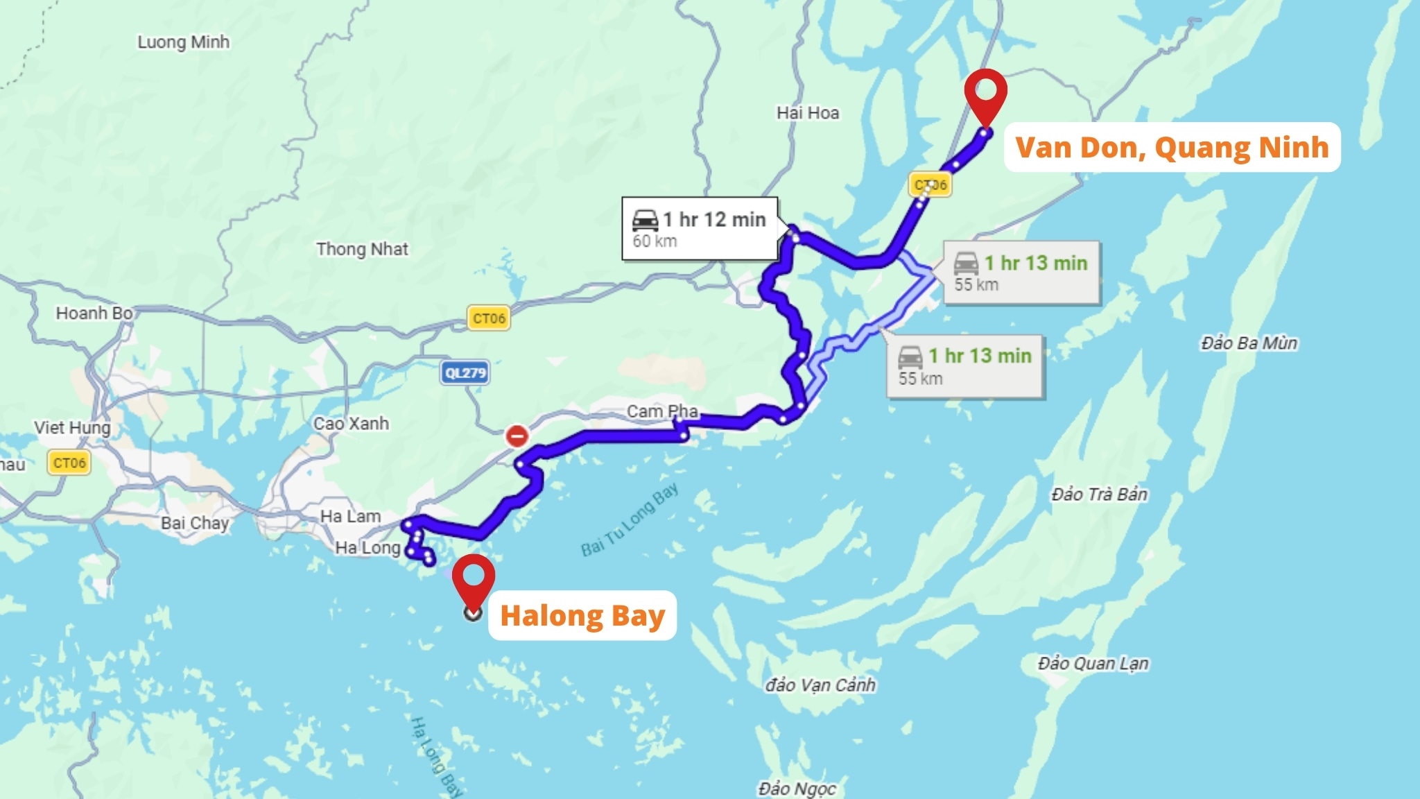 Map showing the distance from Van Don to Halong Bay