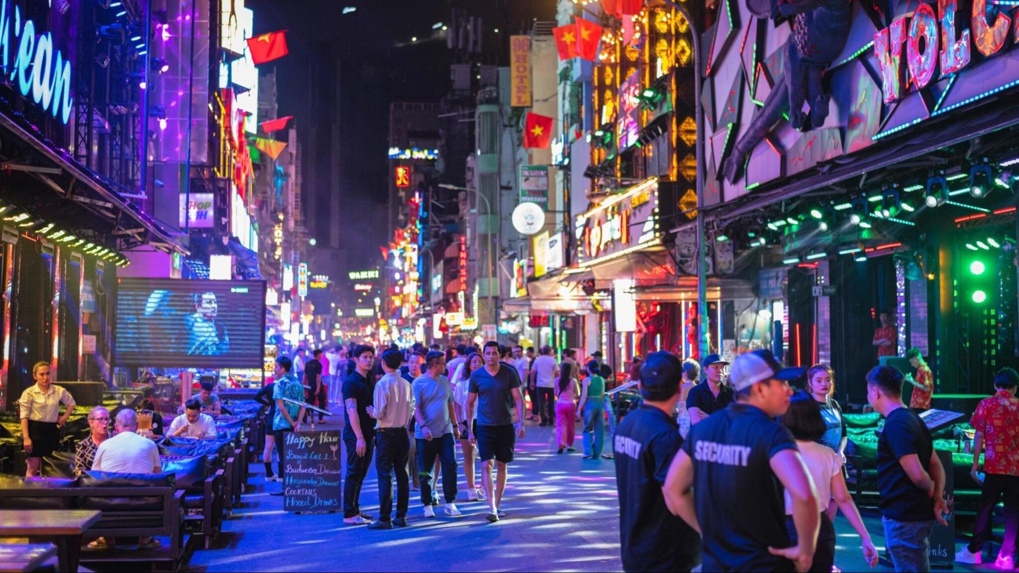 A lively backpacker area with bars, restaurants, and vibrant nightlife