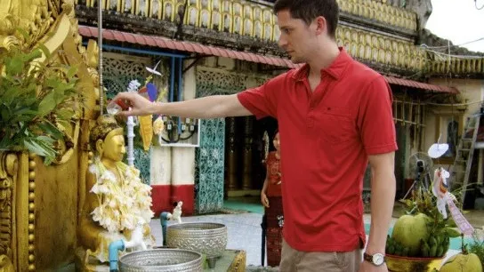 Devotee Sprinkling Water On Golden Buddha Statue, Botataung Pagoda