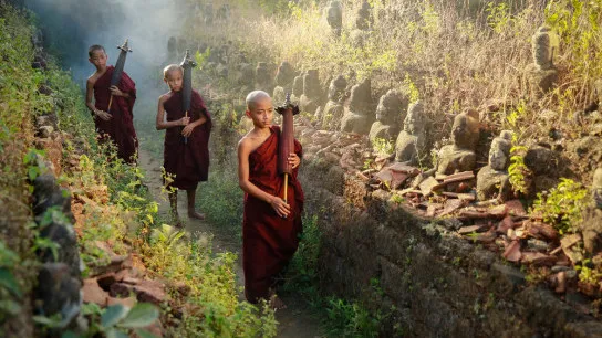 Buddhist Novice Monk Are Walking In Pagoda