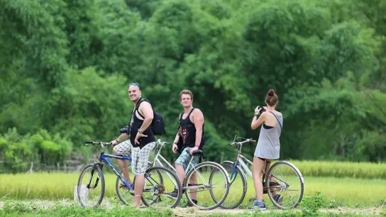 Biking through the stunning green fields