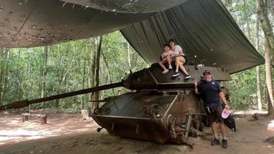 Day 3 Stand Beside The Impressive Tank Model At The Historic Cu Chi Tunnels