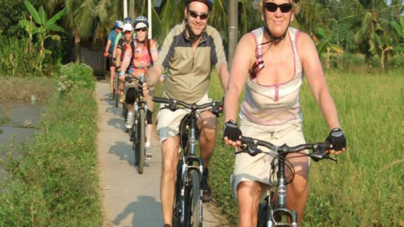 Biking through the stunning green fields