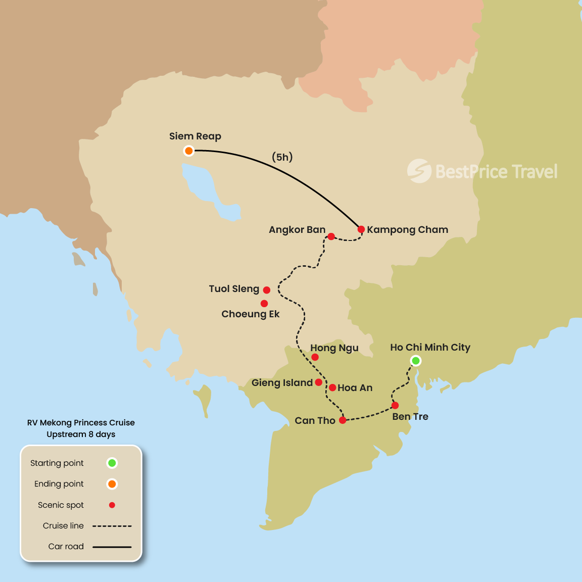 RV Mekong Princess Cruise Upstream 8 days: Saigon - Siem Reap Map