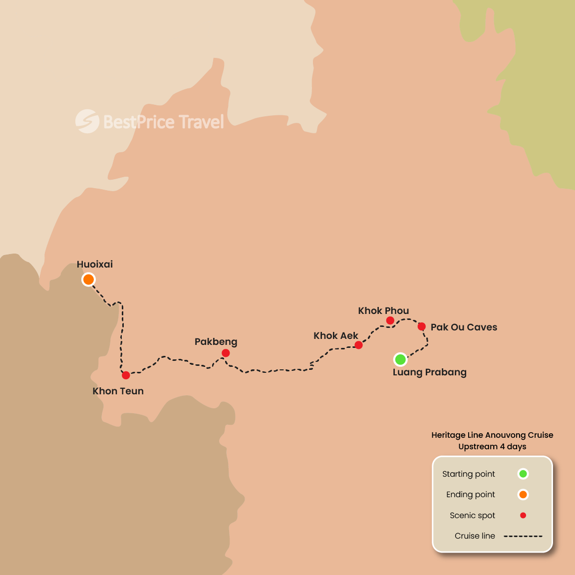 Heritage Line Anouvong Cruise Upstream 4 days: Luang Prabang - Huay Xai Map