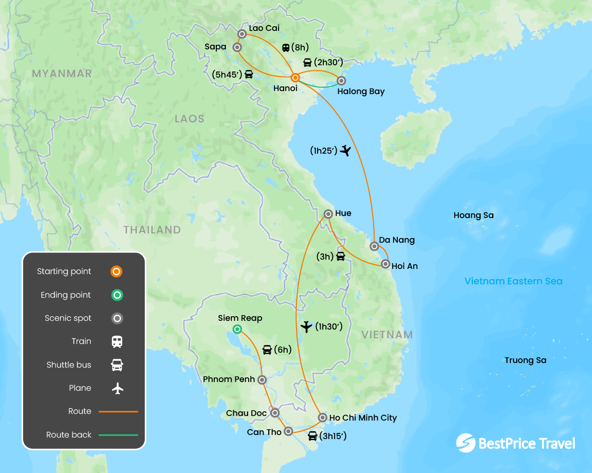 Essential Vietnam and Cambodia 17 days Map