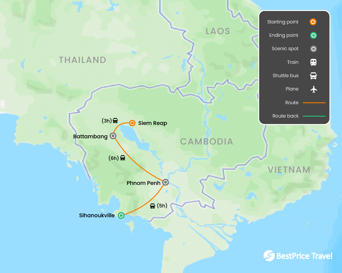 Highlights of Cambodia 10 days Map