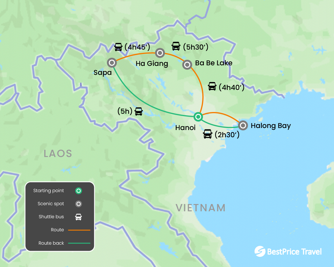 Scenic North Vietnam: 12 Days from Majestic Mountains to Tropical Beaches Map