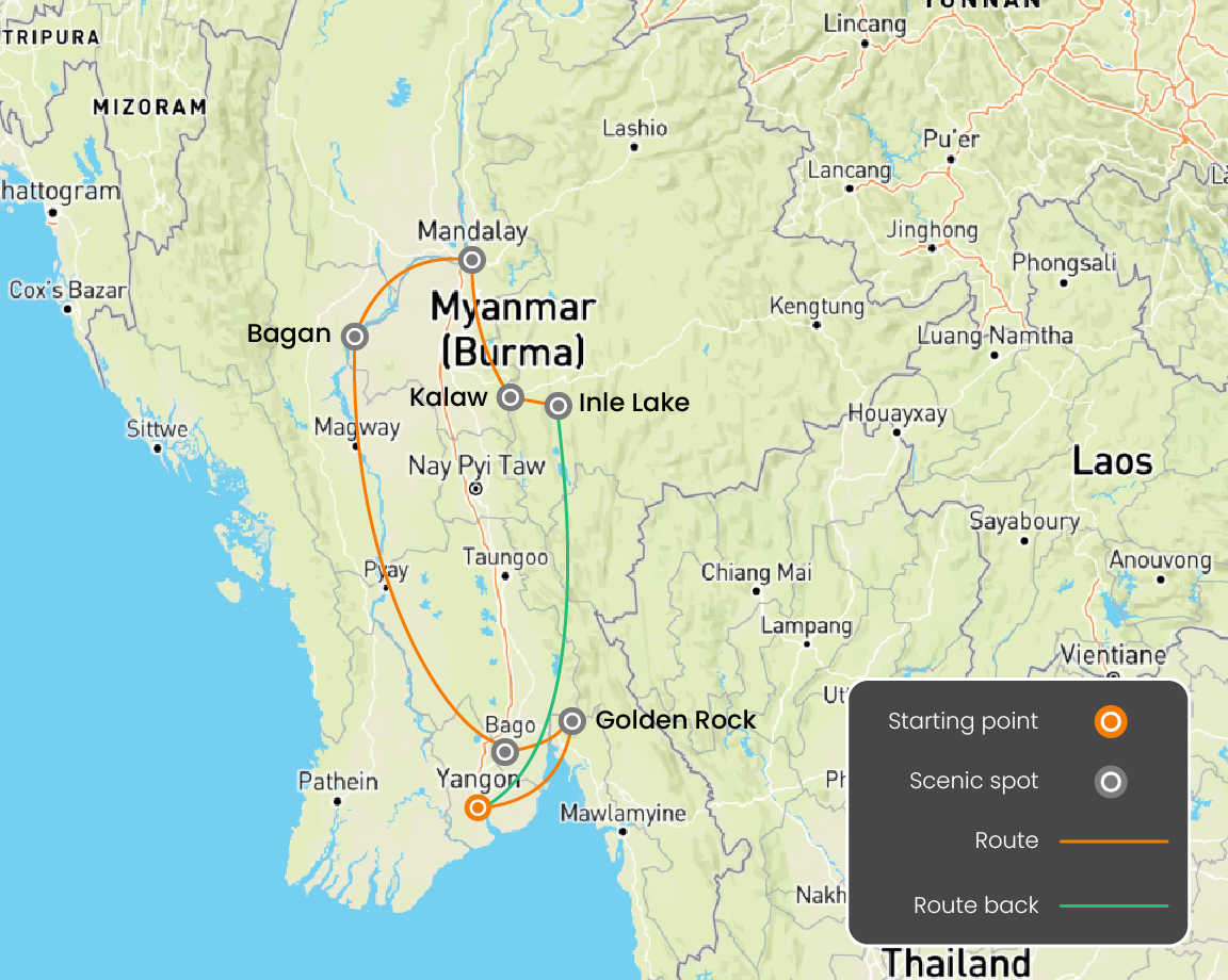 Beauty Of Burma 11 days Map
