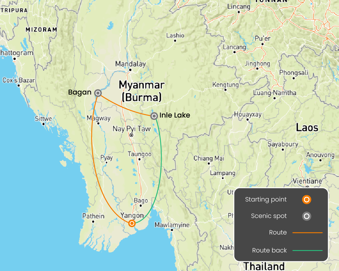 Bird's eye view Myanmar 7 days Map