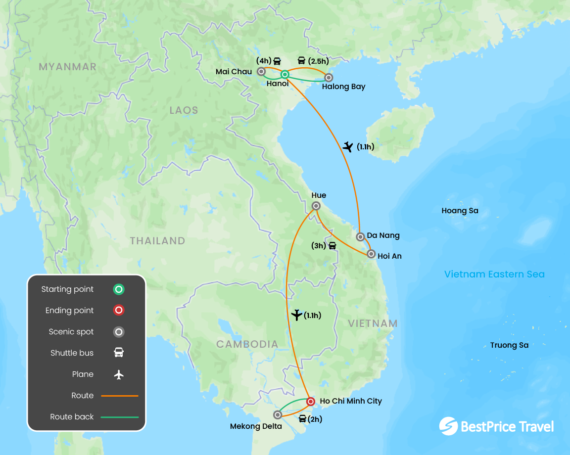 Best of Vietnam: World Heritage Sites 15 days Map